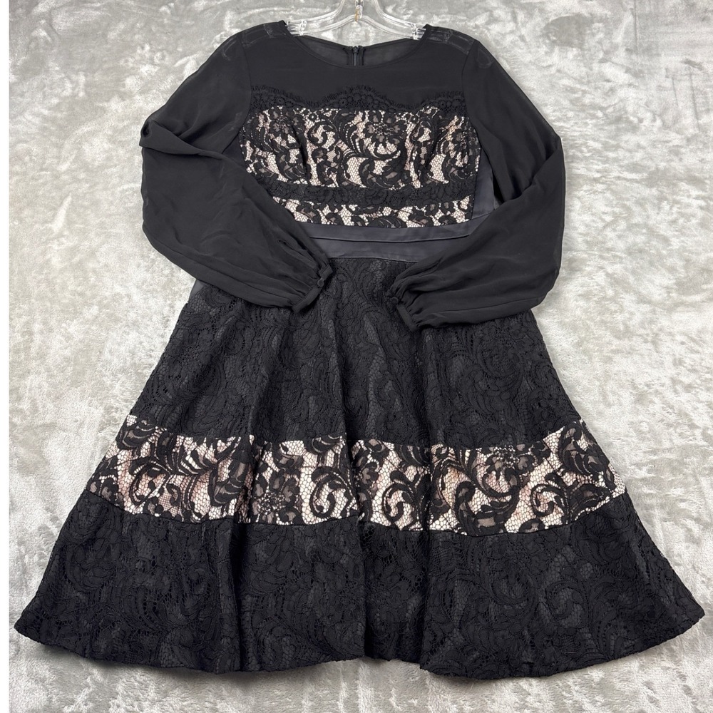 Coast Black Lace Fit & Flare Dress Long Sheer Sleeve Nude Lining Womens US 8